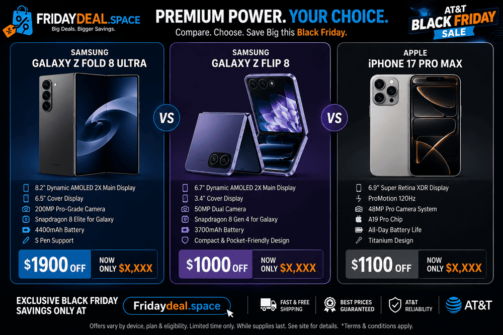 side-by-side comparison graphic of Galaxy Z Fold 8 Ultra vs Z Flip 8 vs iPhone 17 Pro Max.